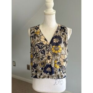 Rachel Roy Floral Blouse‎ Sleeveless Smocked Waist V-Neck Top Size L
